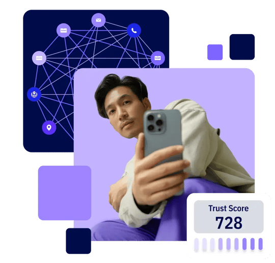 A person holds a smartphone, showcasing a digital interface with a trust score of 728 and a network of connections in the background.