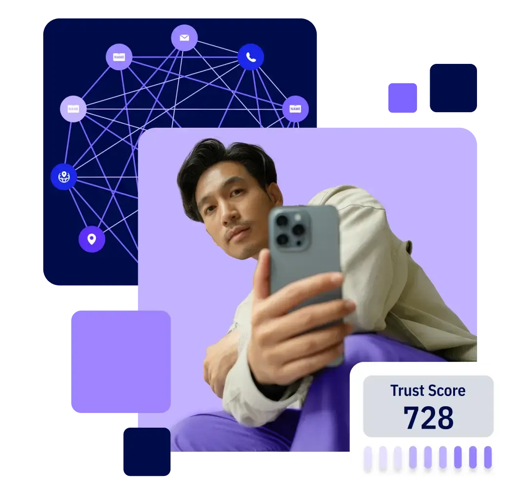 A person holds a smartphone, showcasing a digital interface with a trust score of 728 and a network of connections in the background.